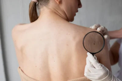 Médico examinando possibilidade de câncer de pele com lupa